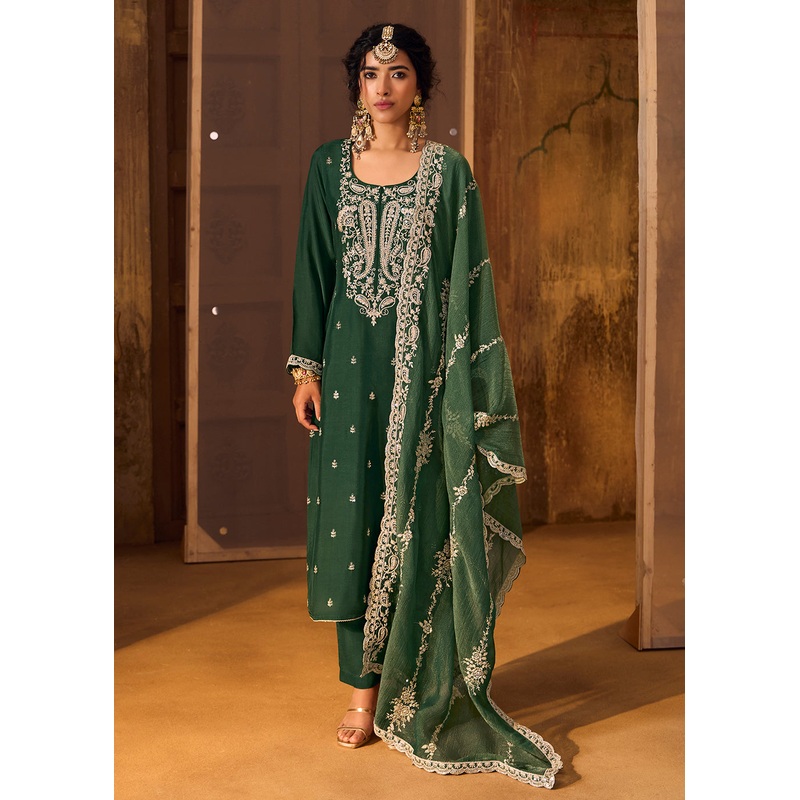 Green Bamberg Silk Embroidered Eid Style Salwar Suit