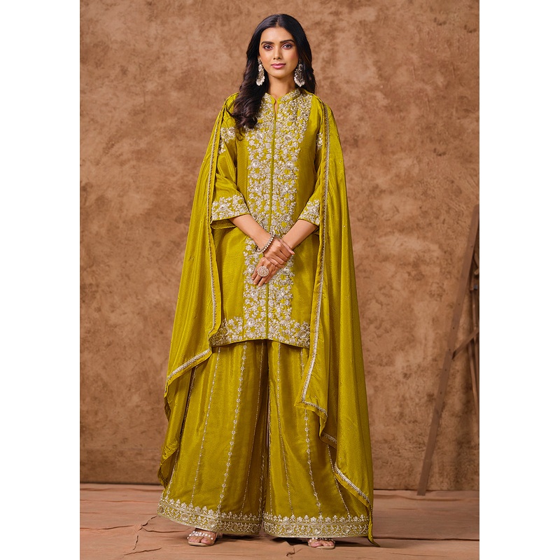 Green Chinnon Silk Festive Embroidered Palazzo Style Suit