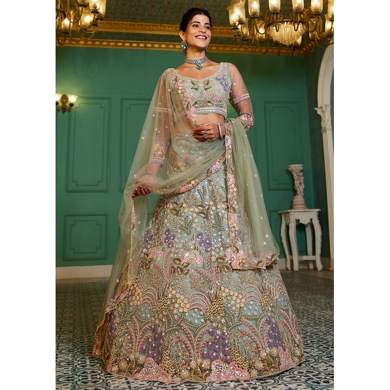 Green Cording & Sequins Embroidered Net Lehenga Choli