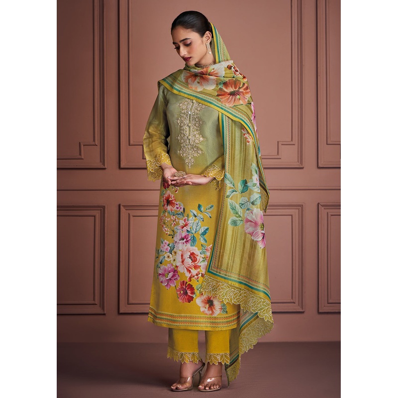 Green & Mustard Muslin Festive Style Salwar Suit