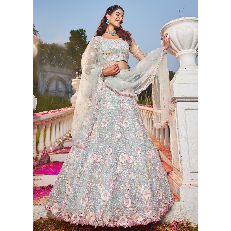 Green Net Sequins & Zarkan Embroidered Bridal Lehenga Choli