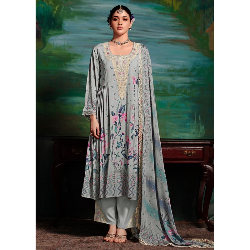 Grey Embroidered Muslin Festive Style Salwar Suit