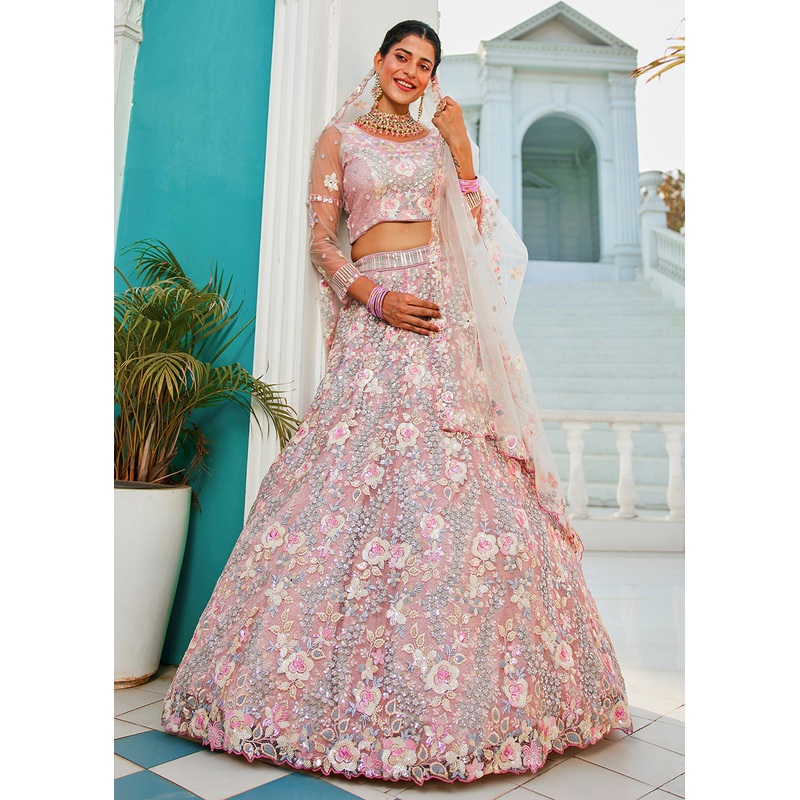 Grey Net Sequins & Zarkan Embroidered Bridal Lehenga Choli