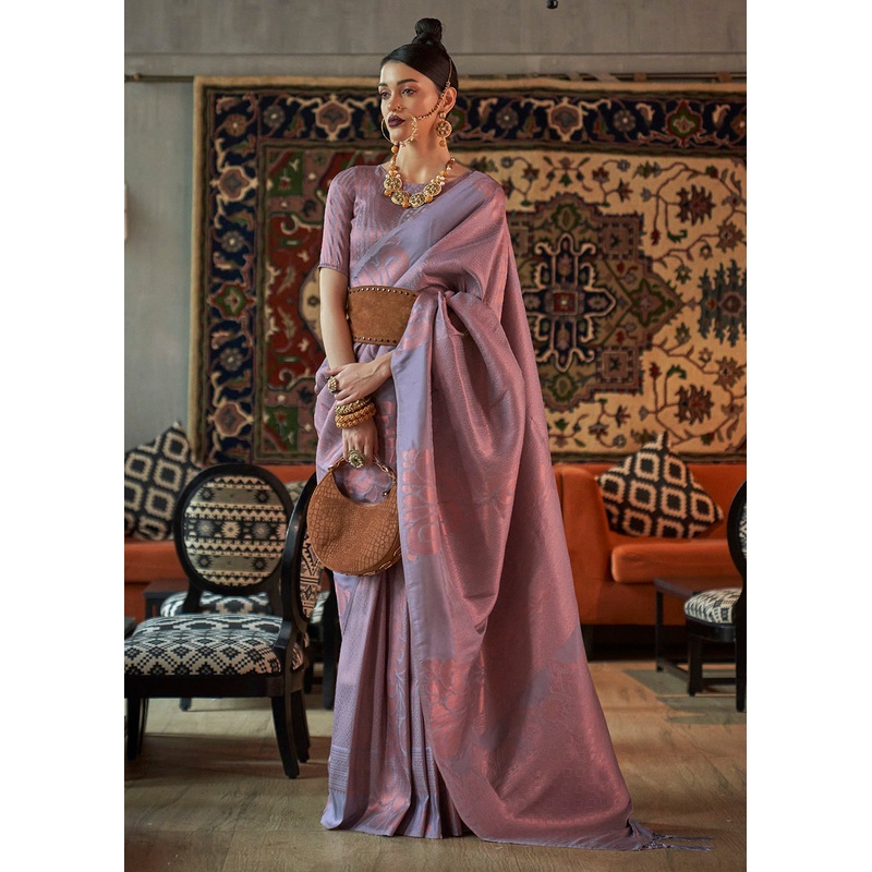 Greyish Lilac Blended Woven Zari Brocade Silk Saree