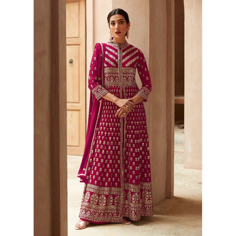 Hot Pink Anarkali Style Front Slit Palazzo Style Suit