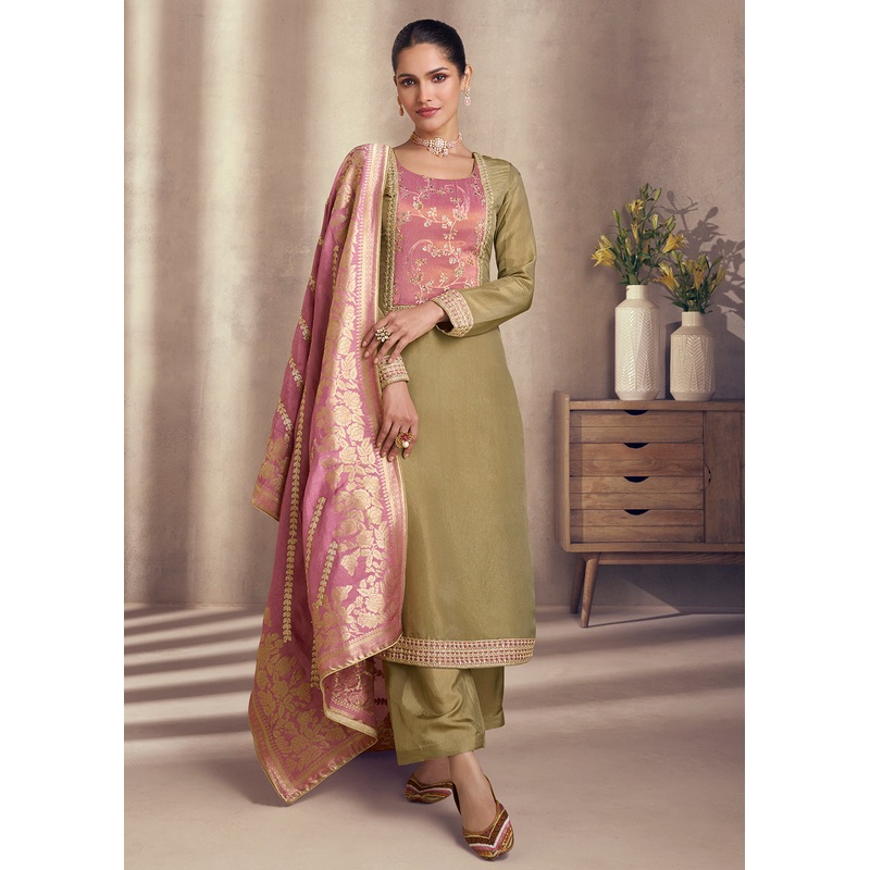 Khaki Beige Shimmer Silk Wedding Festive Salwar Kameez