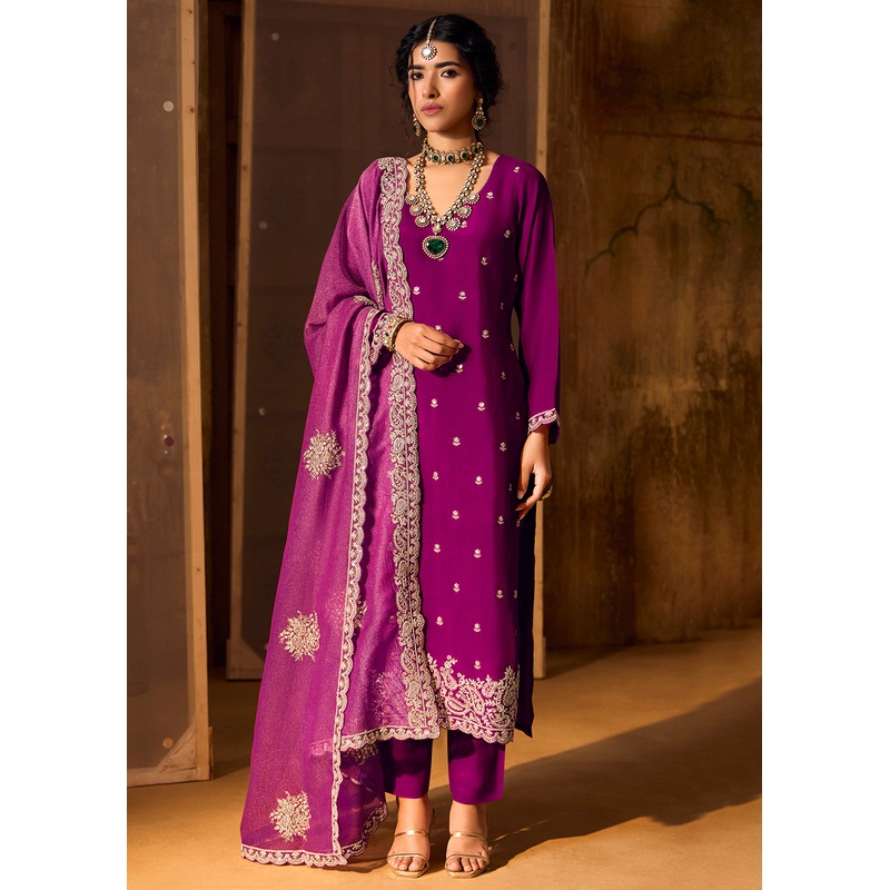 Magenta Bamberg Silk Embroidered Eid Style Salwar Suit