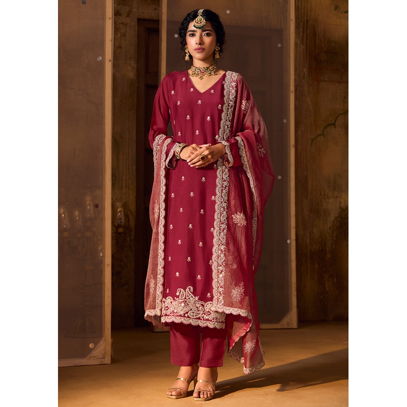 Maroon Bamberg Silk Embroidered Eid Style Salwar Suit