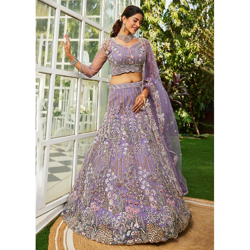 Mauve Cording & Zarkan Embroidered Net Lehenga Choli