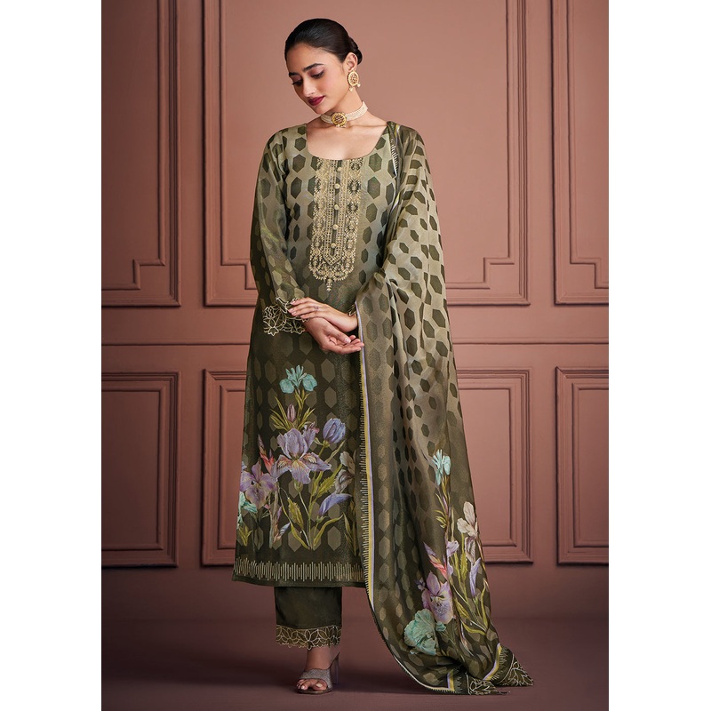 Mehndi Green Muslin Festive Style Salwar Suit
