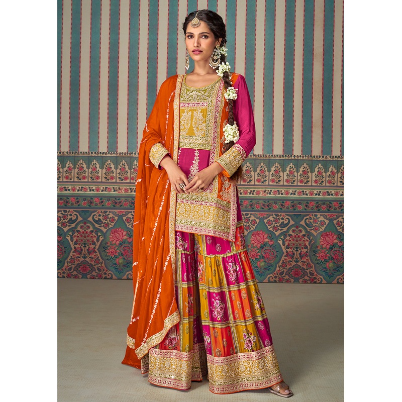 Multi Premium Chinnon Embroidered Palazzo Suit with Orange Dupatta