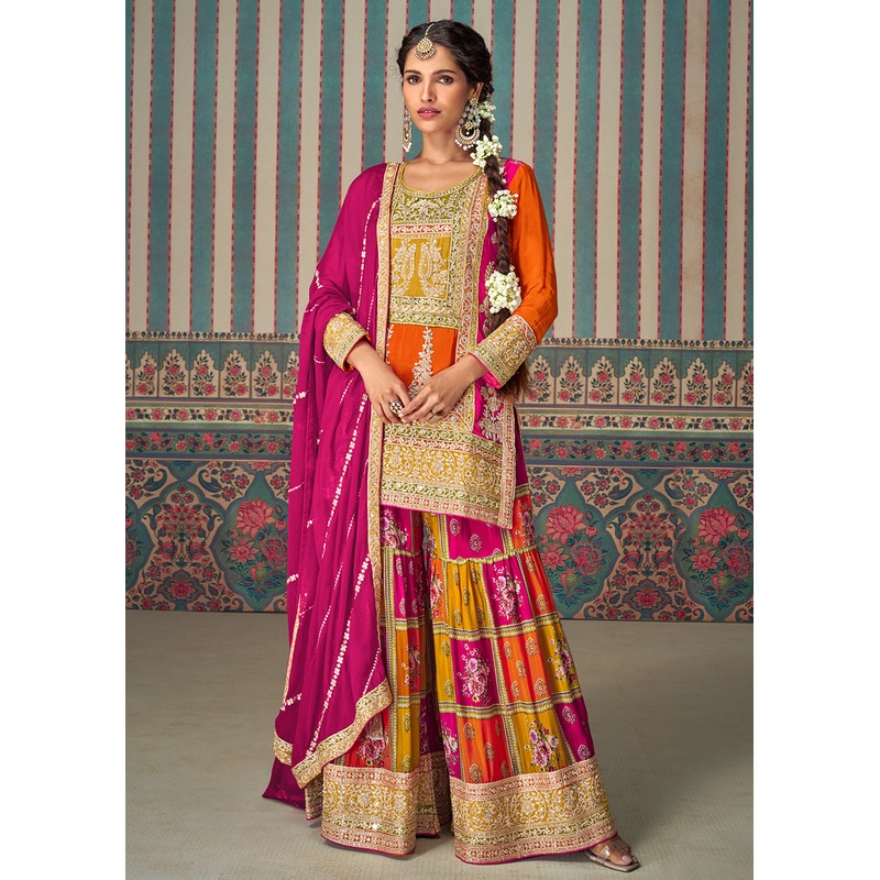 Multi Premium Chinnon Embroidered Palazzo Suit with Pink Dupatta