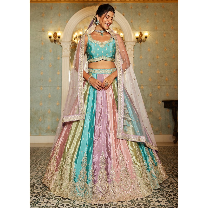 Multicolor Lavender Satin Silk Embroidered Wedding Lehenga Choli