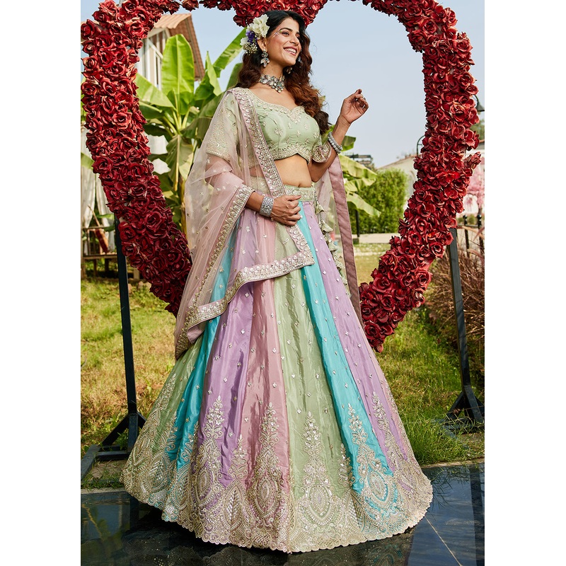 Multicolor Pink Satin Silk Embroidered Wedding Lehenga Choli