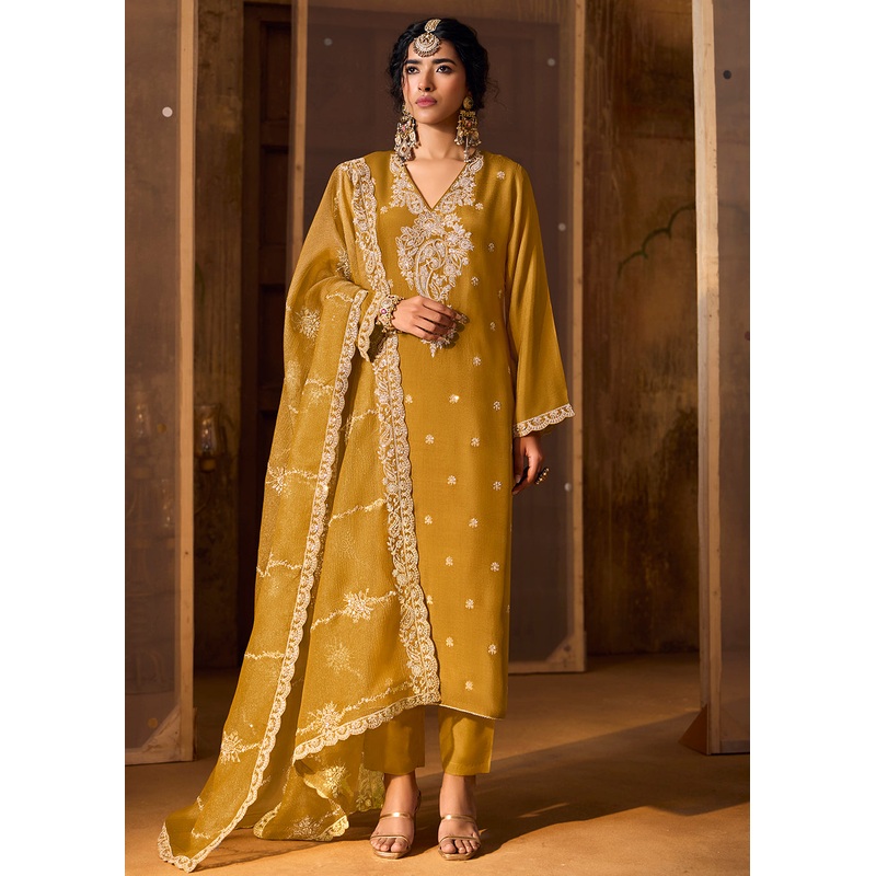 Mustard Bamberg Silk Embroidered Eid Style Salwar Suit