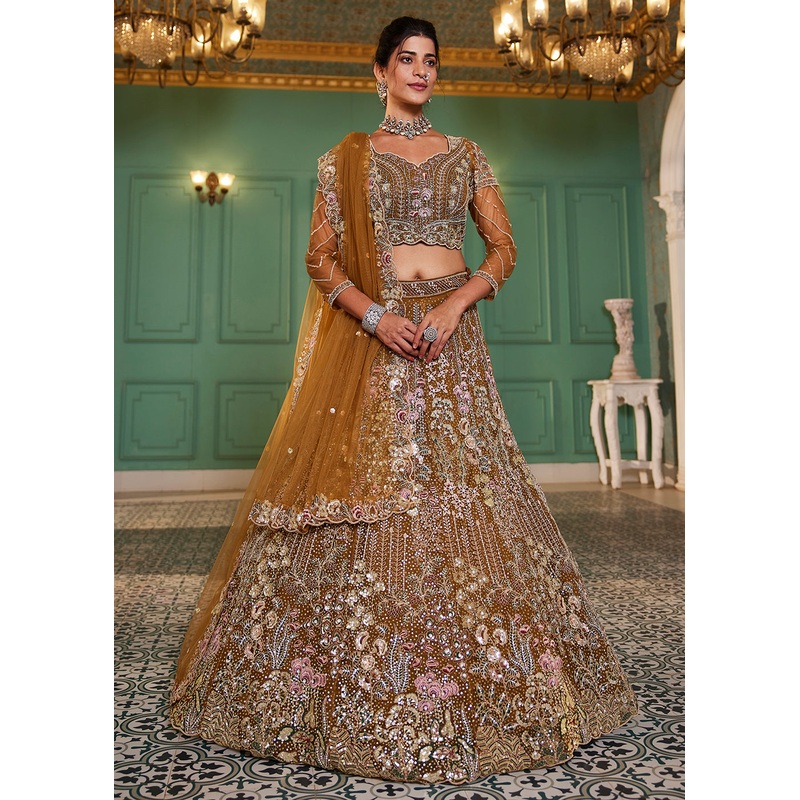 Mustard Cording & Zarkan Embroidered Net Lehenga Choli
