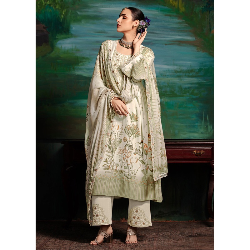 Off White Embroidered Muslin Festive Style Salwar Suit
