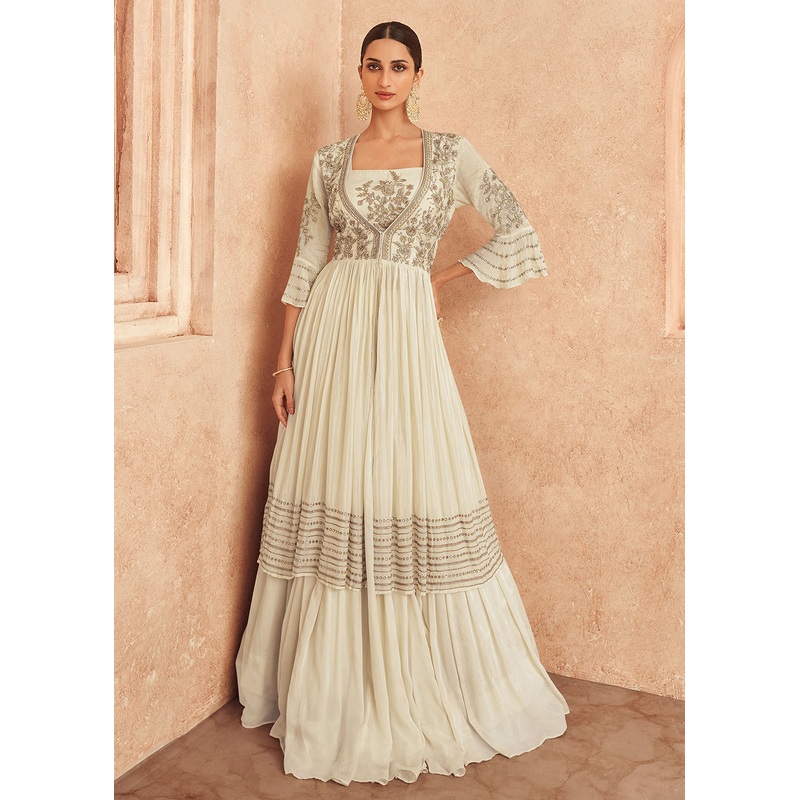 Off White Jacket Style Georgette Embroidered Wedding Anarkali Gown
