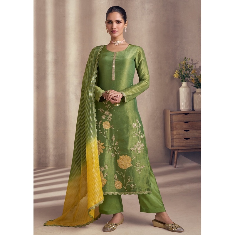 Olive Green Shimmer Silk Wedding Festive Salwar Kameez