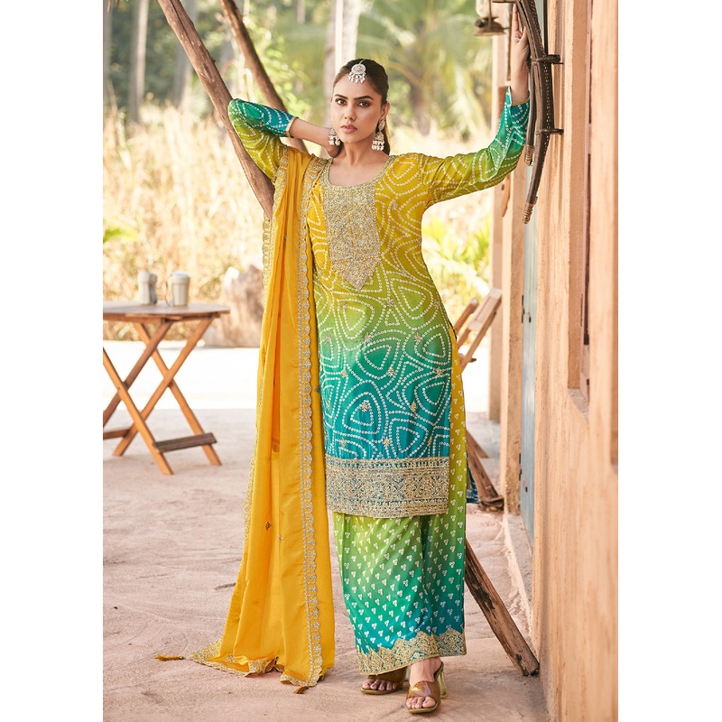 Ombre Multi Embroidered Chinnon Festive Palazzo Dress