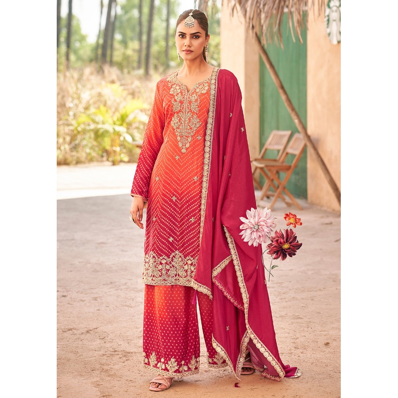 Ombre Pink Embroidered Chinnon Festive Palazzo Dress