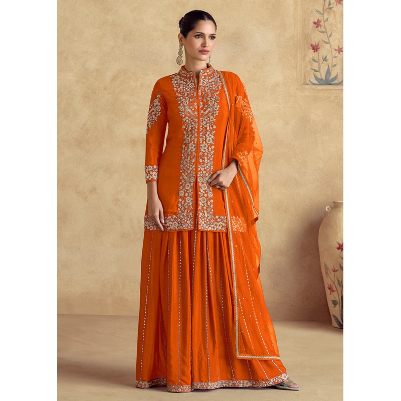 Orange Premium Chinnon Silk Festive Sharara Style Suit