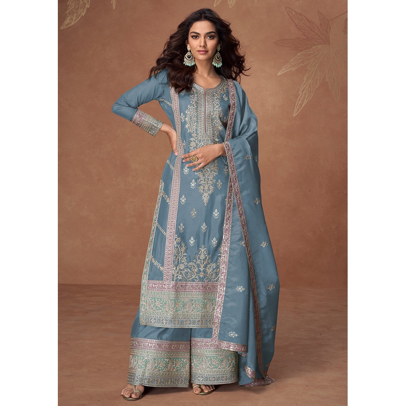 Organza Shimmer Silk Grey Embroidered Palazzo Style Suit