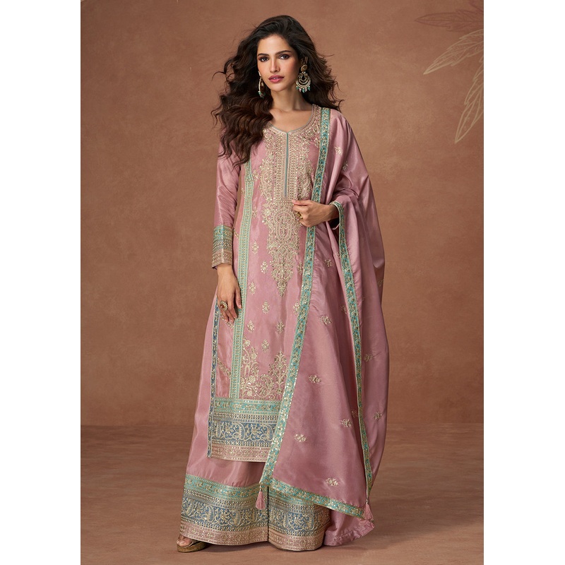 Organza Shimmer Silk Pink Embroidered Palazzo Style Suit
