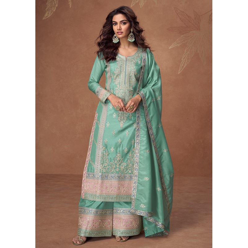 Organza Shimmer Silk Turquoise Embroidered Palazzo Style Suit