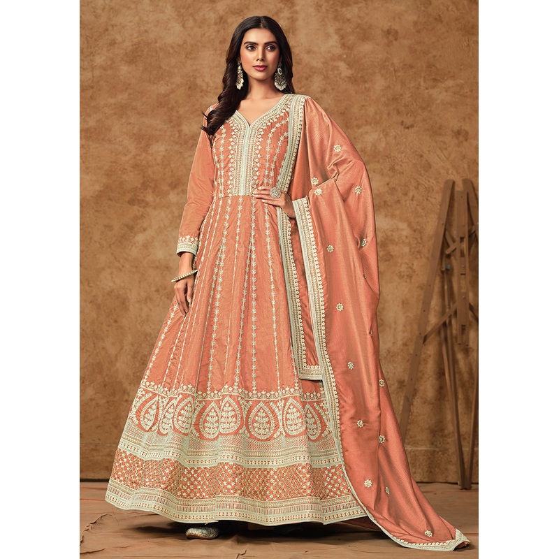 Peach Dola Silk Embroidered Eid Style Anarkali Suit