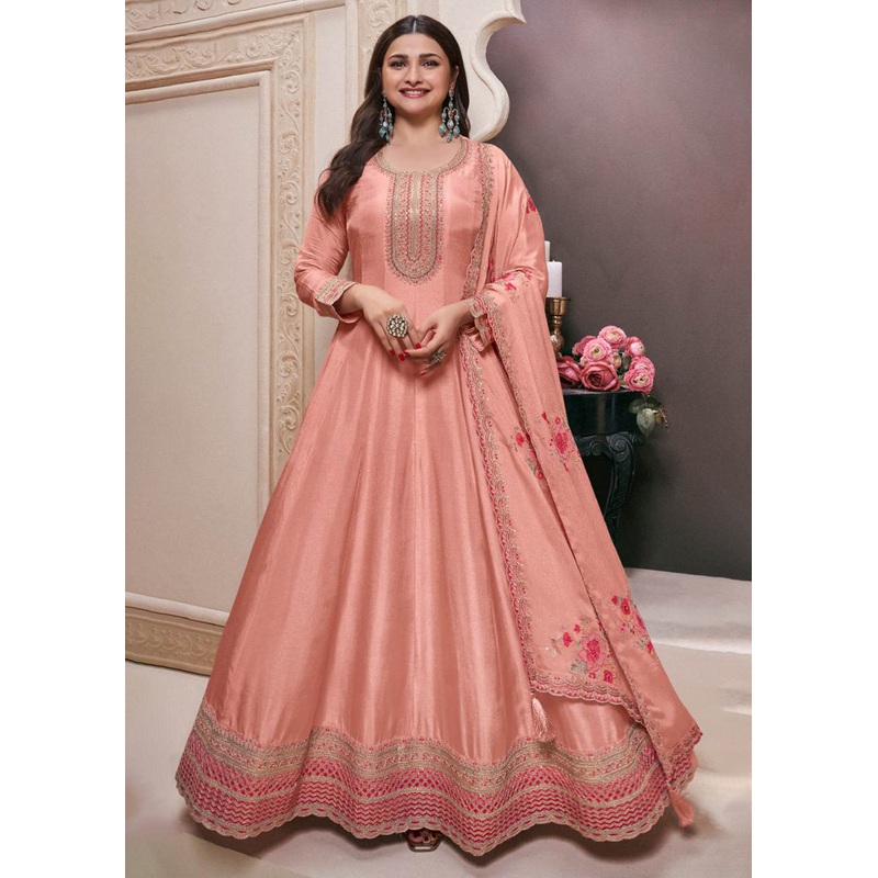 Peach Moonga Silk Embroidered Eid Style Anarkali Suit