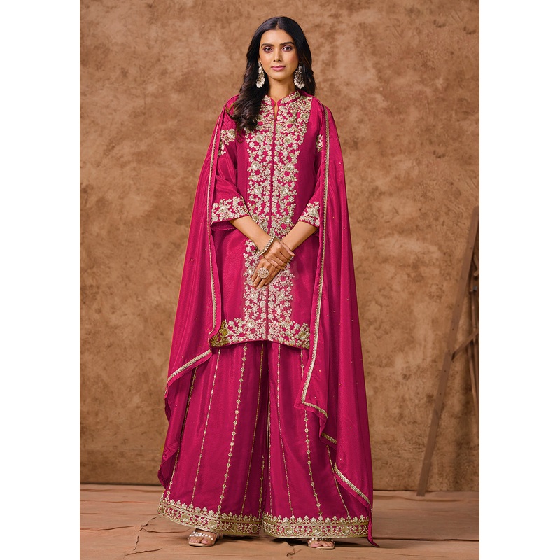 Pink Chinnon Silk Festive Embroidered Palazzo Style Suit