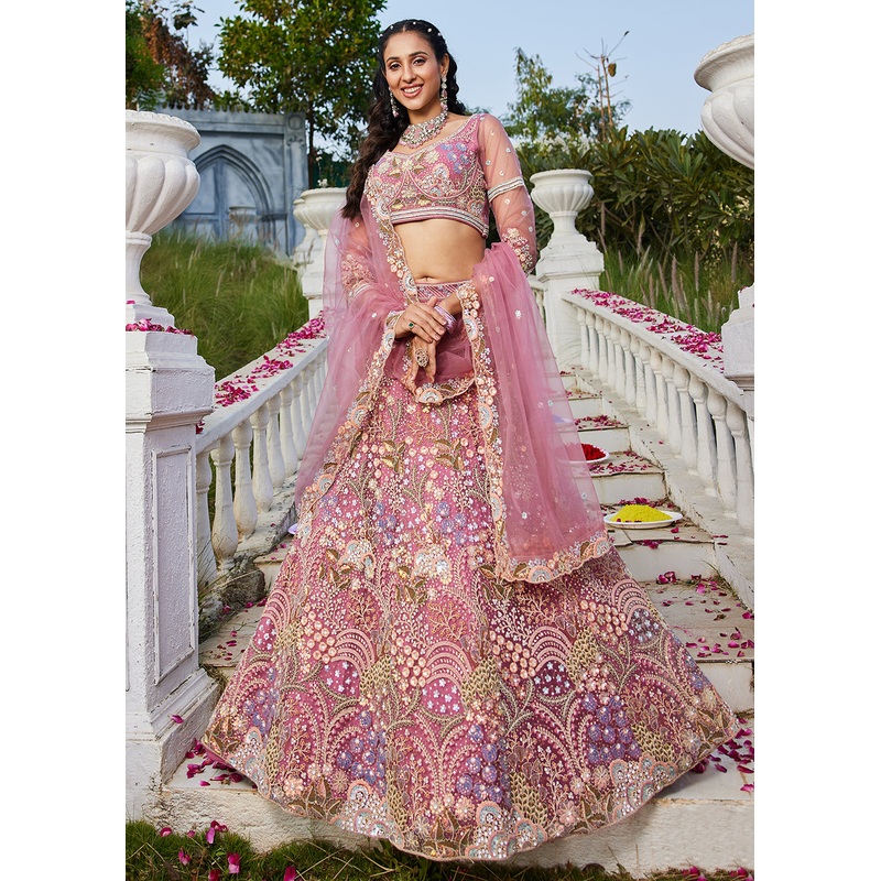 Pink Cording & Sequins Embroidered Net Lehenga Choli