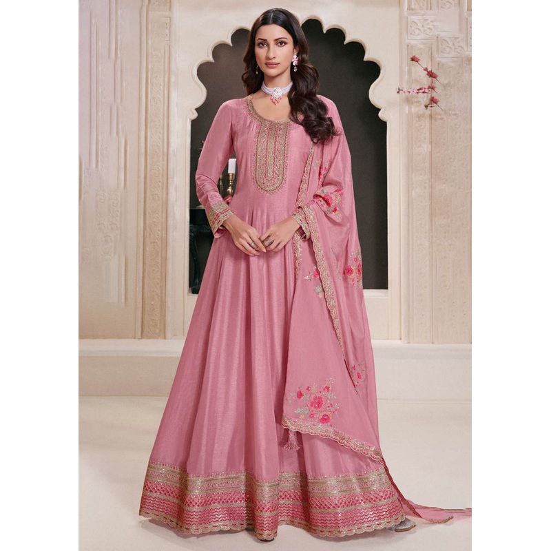 Pink Moonga Silk Embroidered Eid Style Anarkali Suit