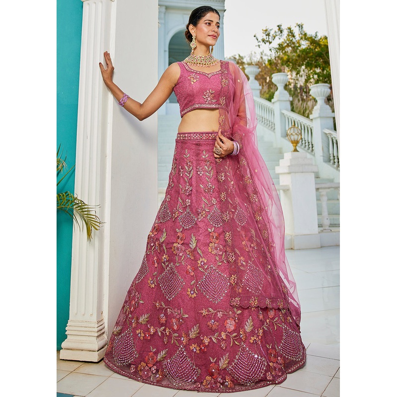 Pink Net Cording & Zarkan Festive Lehenga Choli