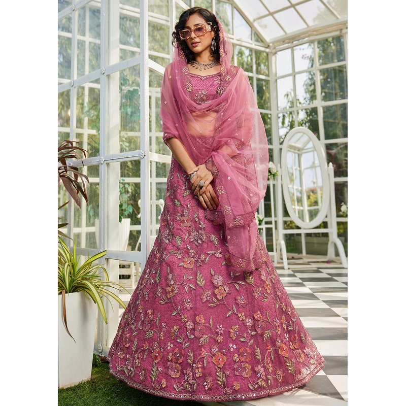 Pink Net Embroidered Wedding Style Lehenga Choli