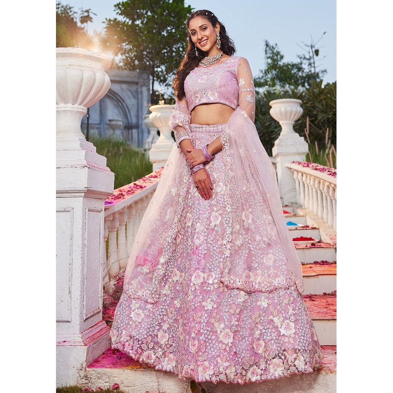 Pink Net Sequins & Zarkan Embroidered Bridal Lehenga Choli