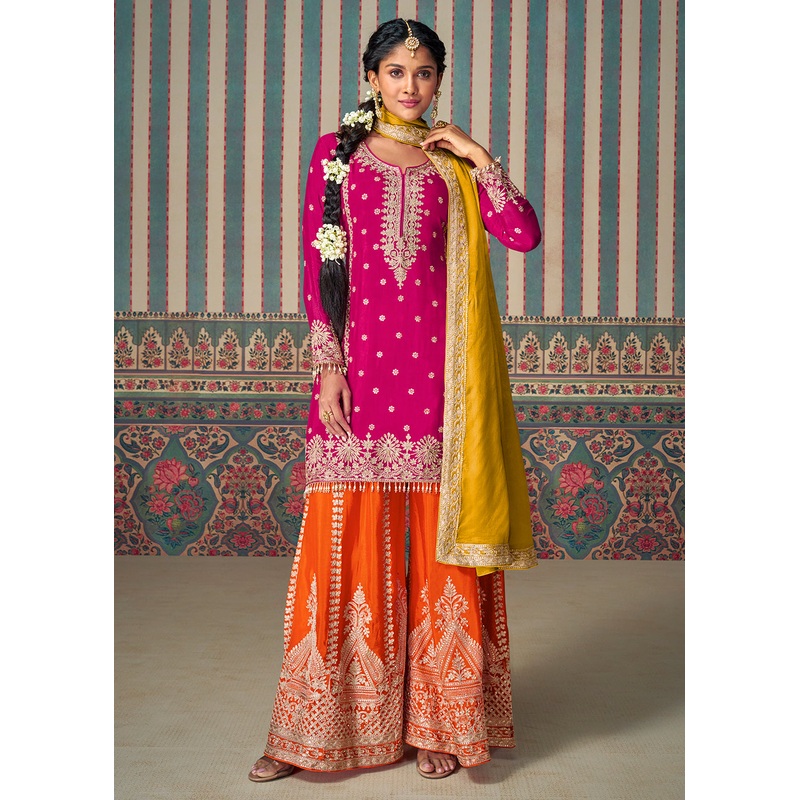 Pink Premium Chinnon Embroidered Palazzo Suit with Yellow Dupatta