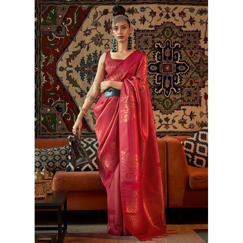 Pinkish Red Blended Woven Zari Brocade Silk Saree