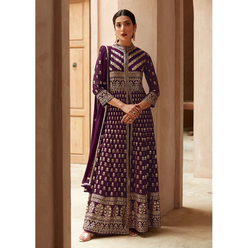 Plum Purple Anarkali Style Front Slit Palazzo Style Suit
