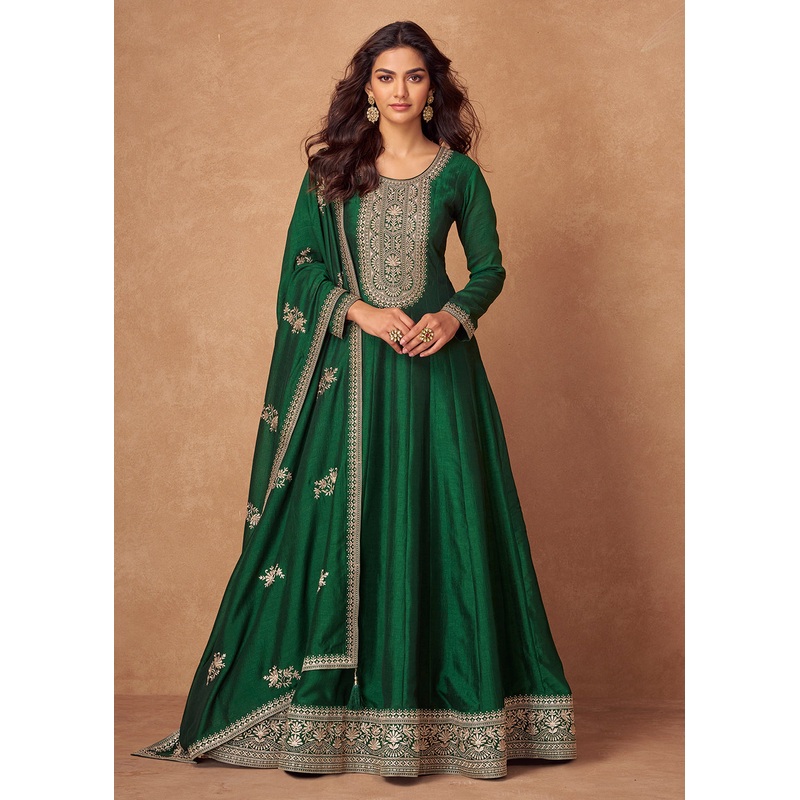 Premium Silk Green Embroidered Festive Wear Anarkali Suit
