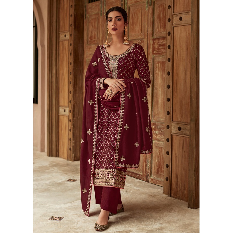 Premium Silk Maroon & Gold Embroidered Indian Salwar Kameez