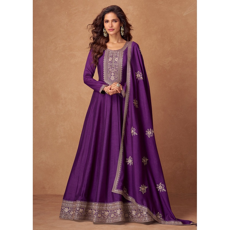 Premium Silk Purple Embroidered Festive Wear Anarkali Suit