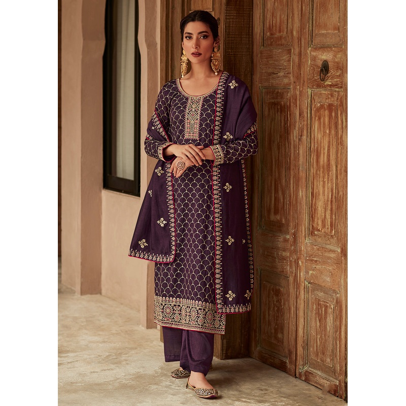 Premium Silk Purple & Gold Embroidered Indian Salwar Kameez