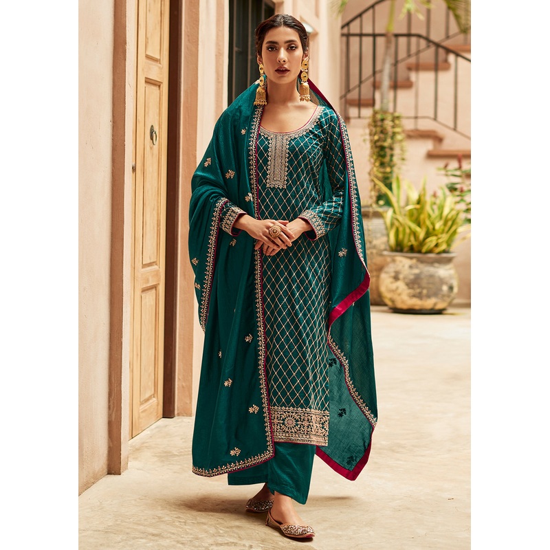 Premium Silk Teal & Gold Embroidered Indian Salwar Kameez