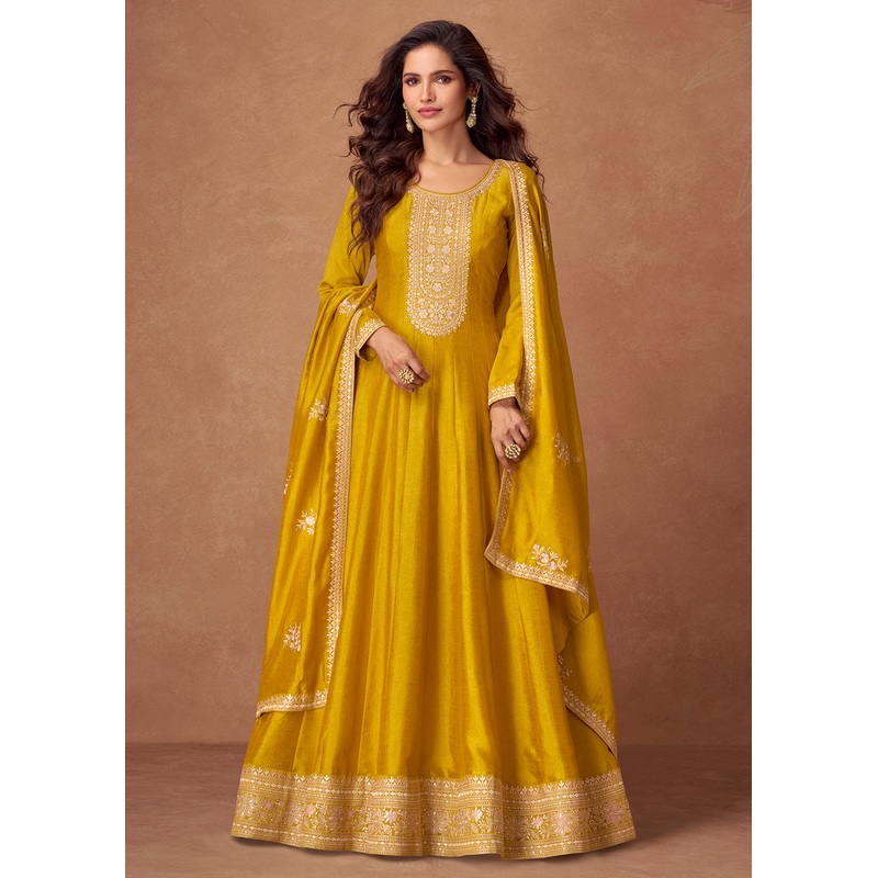 Premium Silk Yellow Embroidered Festive Wear Anarkali Suit