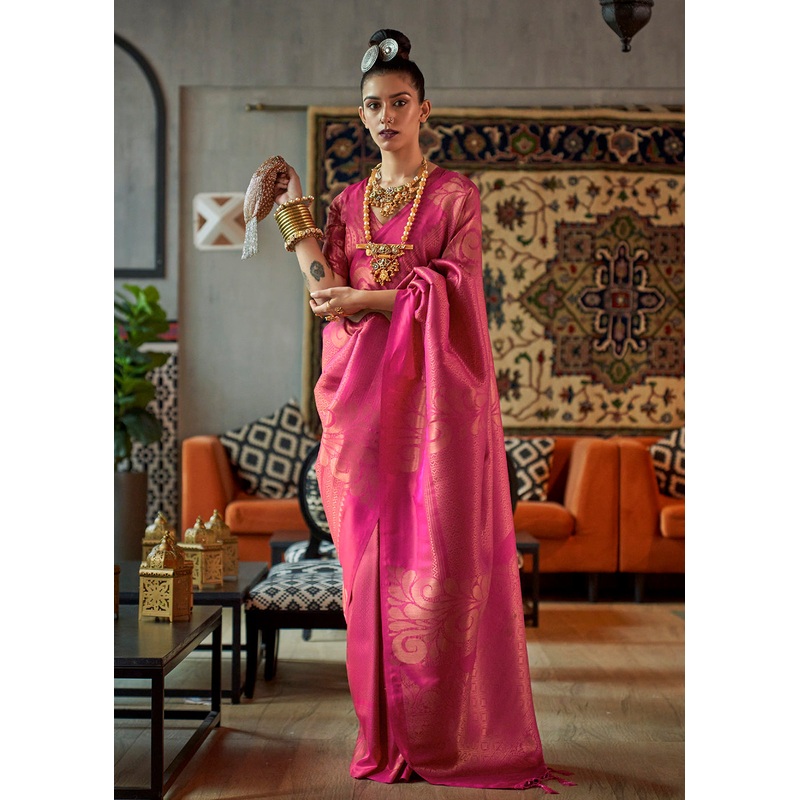 Pretty Pink Blended Woven Zari Brocade Silk Saree
