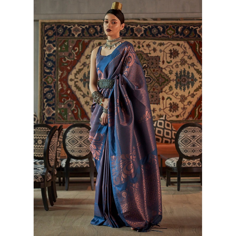 Prussian Blue Blended Woven Zari Brocade Silk Saree