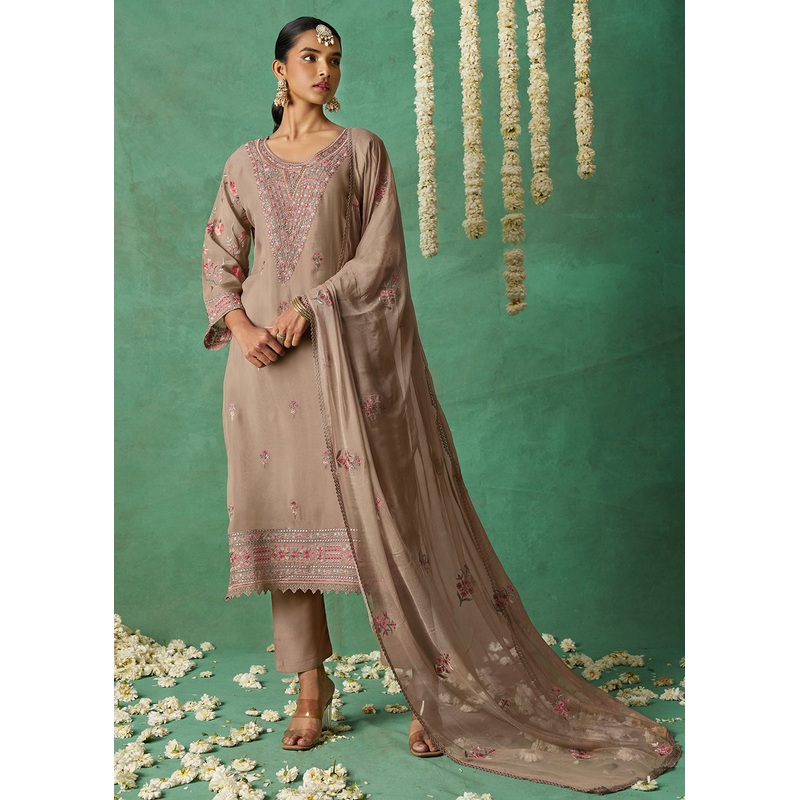 Pure Organza Beige Finest Embroidered Pant Style Salwer Suit