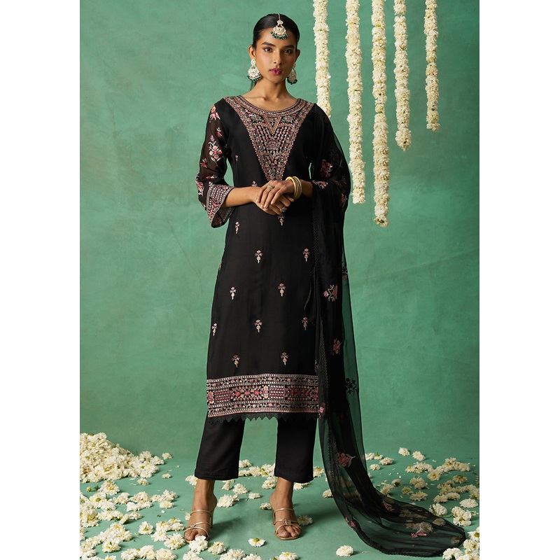 Pure Organza Black Finest Embroidered Pant Style Salwer Suit